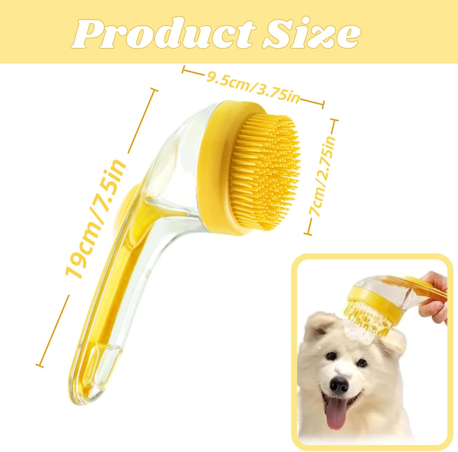 Dog Bath Brush, 2 in 1 Pet Grooming Bath Massage Brush with Soap and Shampoo Dispenser Soft Silicone Bristle Dog Scrubber for Long Short Haired Dogs Cats Shower-Yellow