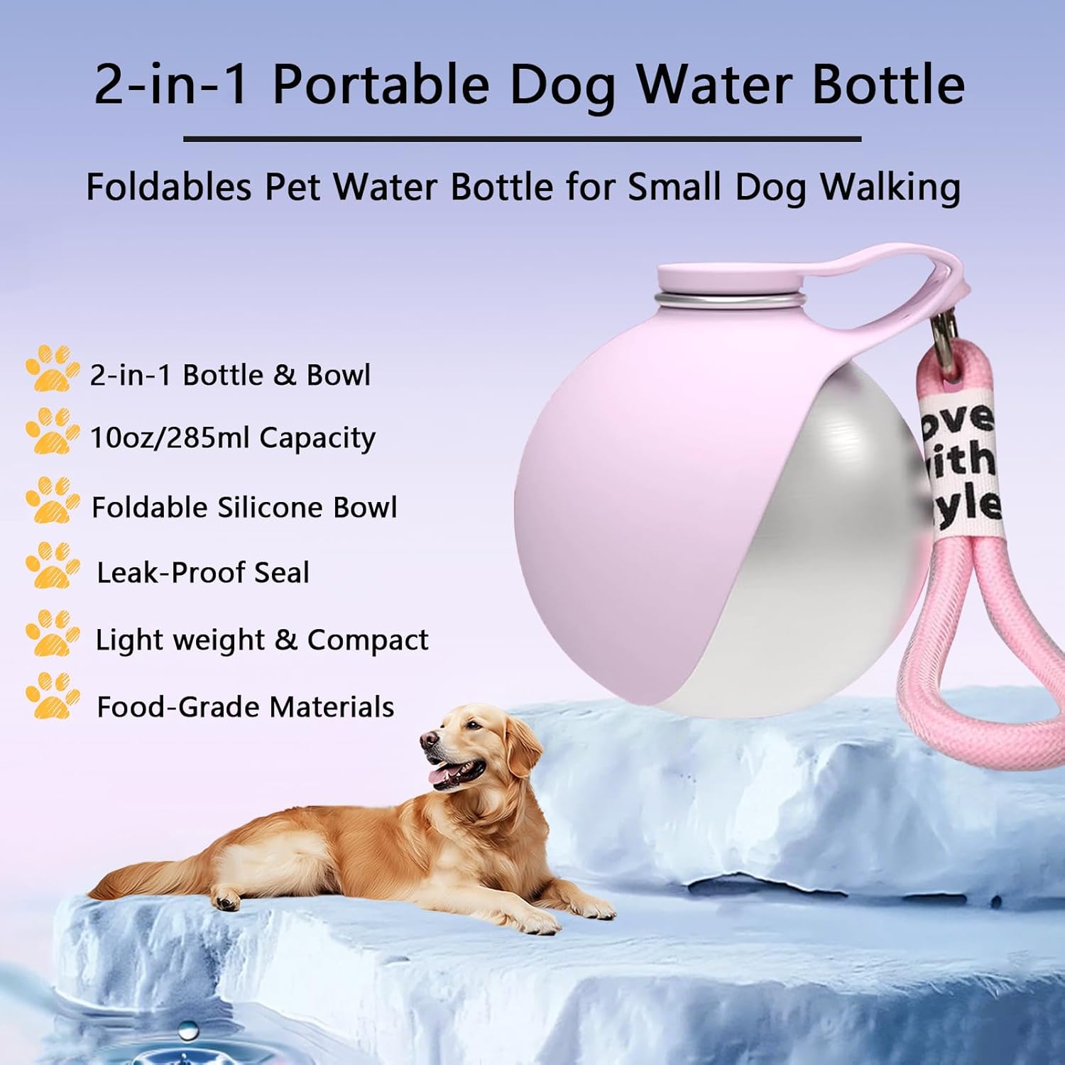 2-In-1 Portable Dog Water Bottle, Travel Hydration Dispenser Container Cup or Small Dogs - Leak-Proof & Compact Dog Travel, Foldables Pet Water Bottle for Small Dog Walking (Pink)